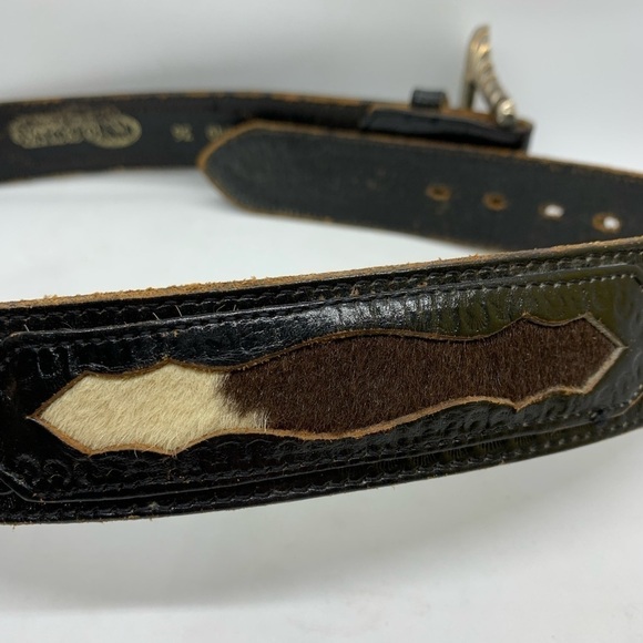 Nocona Flower Embossed Calf Hair Leather Belt with Silver Tone Buckle K549 SZ 36 - Picture 4 of 9